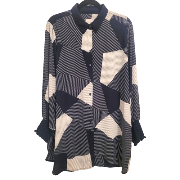 CHICO'S Women's plus size 16/18 navy black white striped geometric tunic blouse - Picture 1 of 12